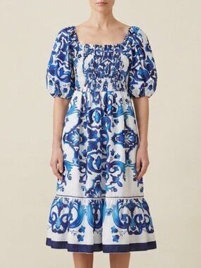Santorini Print Smocked Puff-Sleeve Midi  Dress